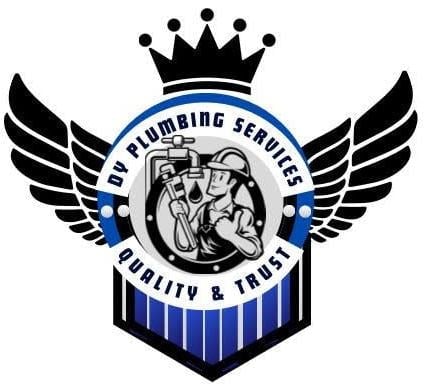 DY Plumbing Services logo featuring a crown, wings, plumbing pipes in a shield, and text emphasizing quality and trust